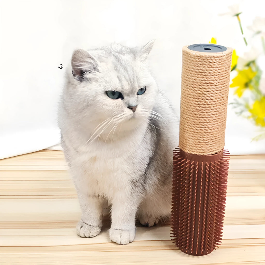 Brown sisal scratching post for cats measuring 30cm tall on wooden floor