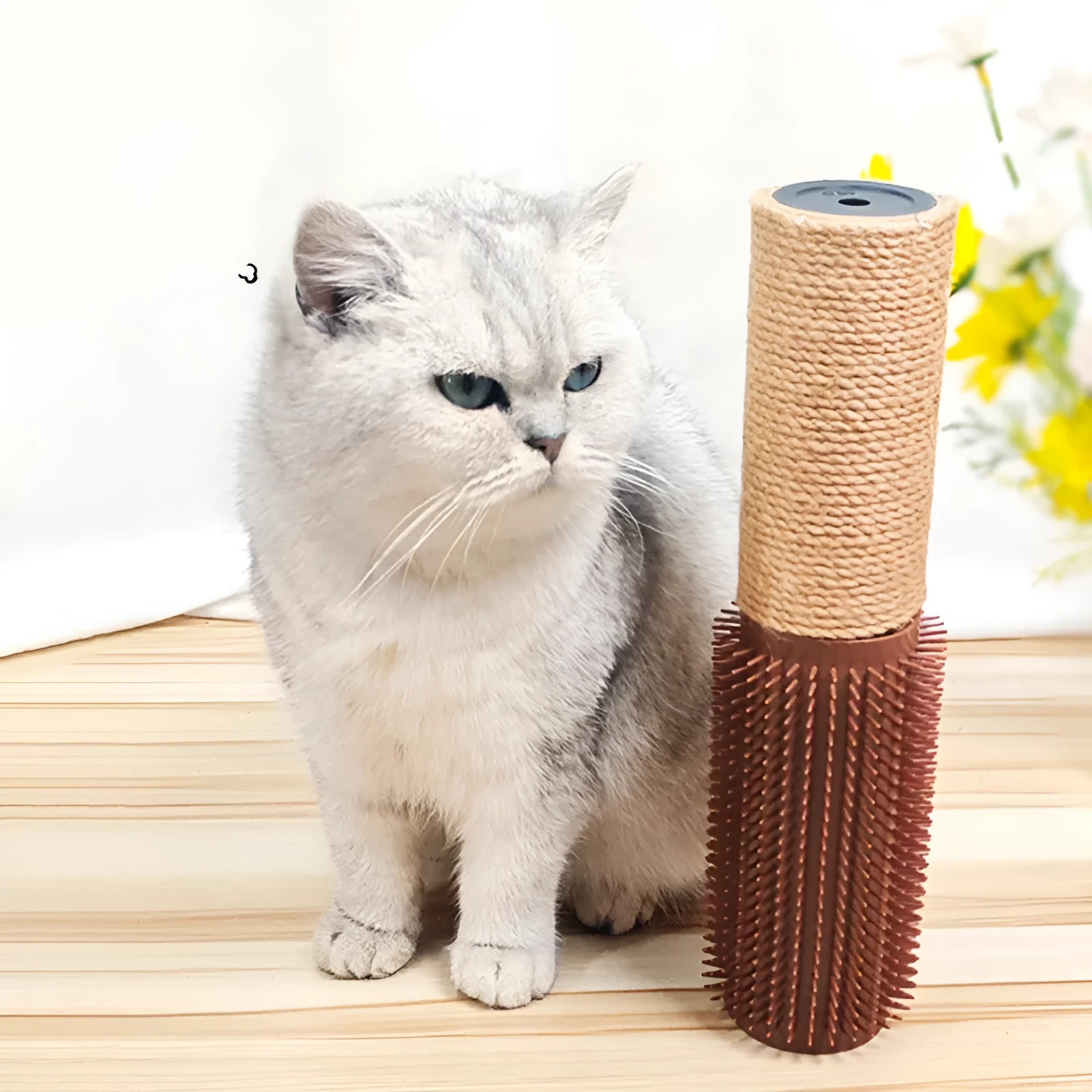 Brown sisal scratching post for cats measuring 30cm tall on wooden floor