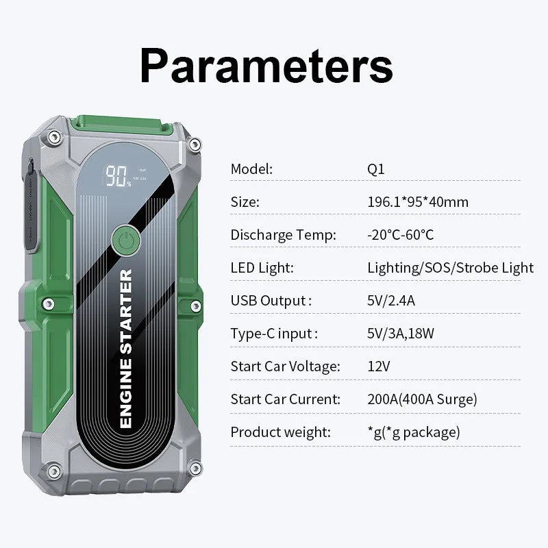 Portable emergency starting power supply with LED display, 8000mAh battery, clip jumper, storage bag and USB cable.