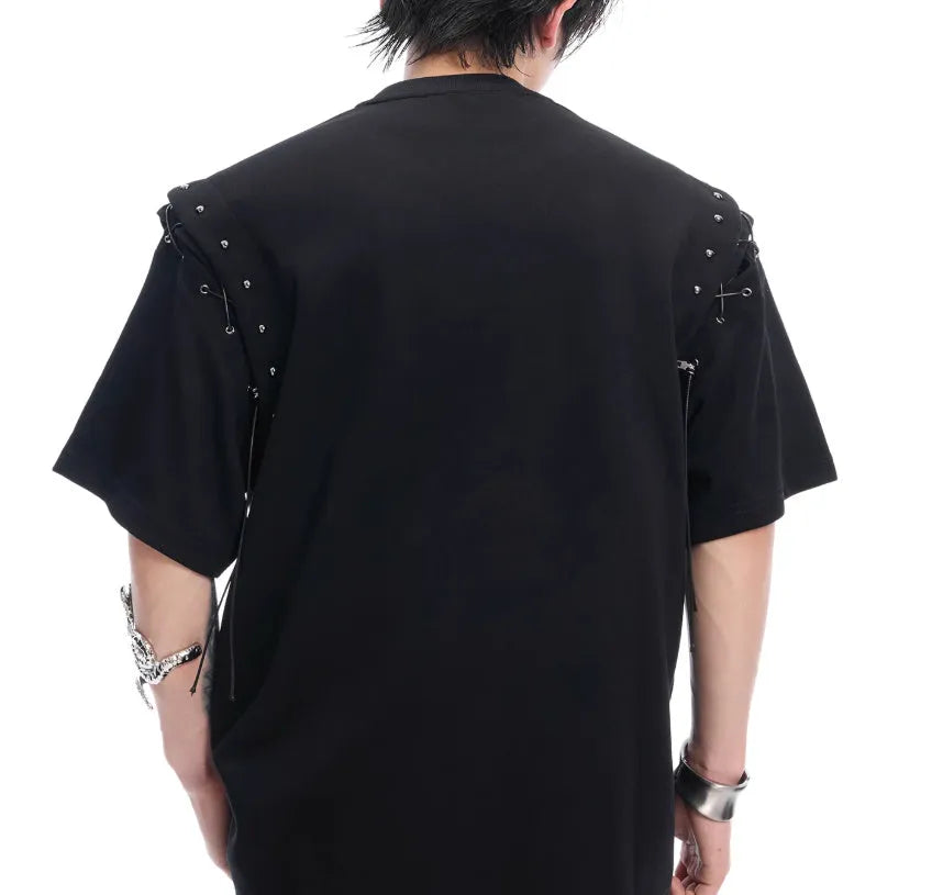 Black deconstruction lace-up cutout short sleeve summer t-shirt on mannequin showing side detail