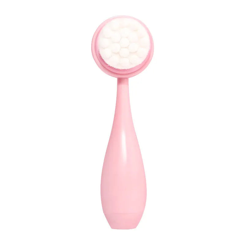 Facial brush set with coral fleece hair band, nylon brush heads, and plastic handle in purple, gray, white, or pink colours