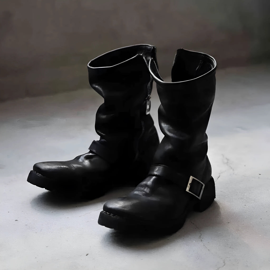 Men's black retro Martin boots with side zipper and round toe on a plain background.