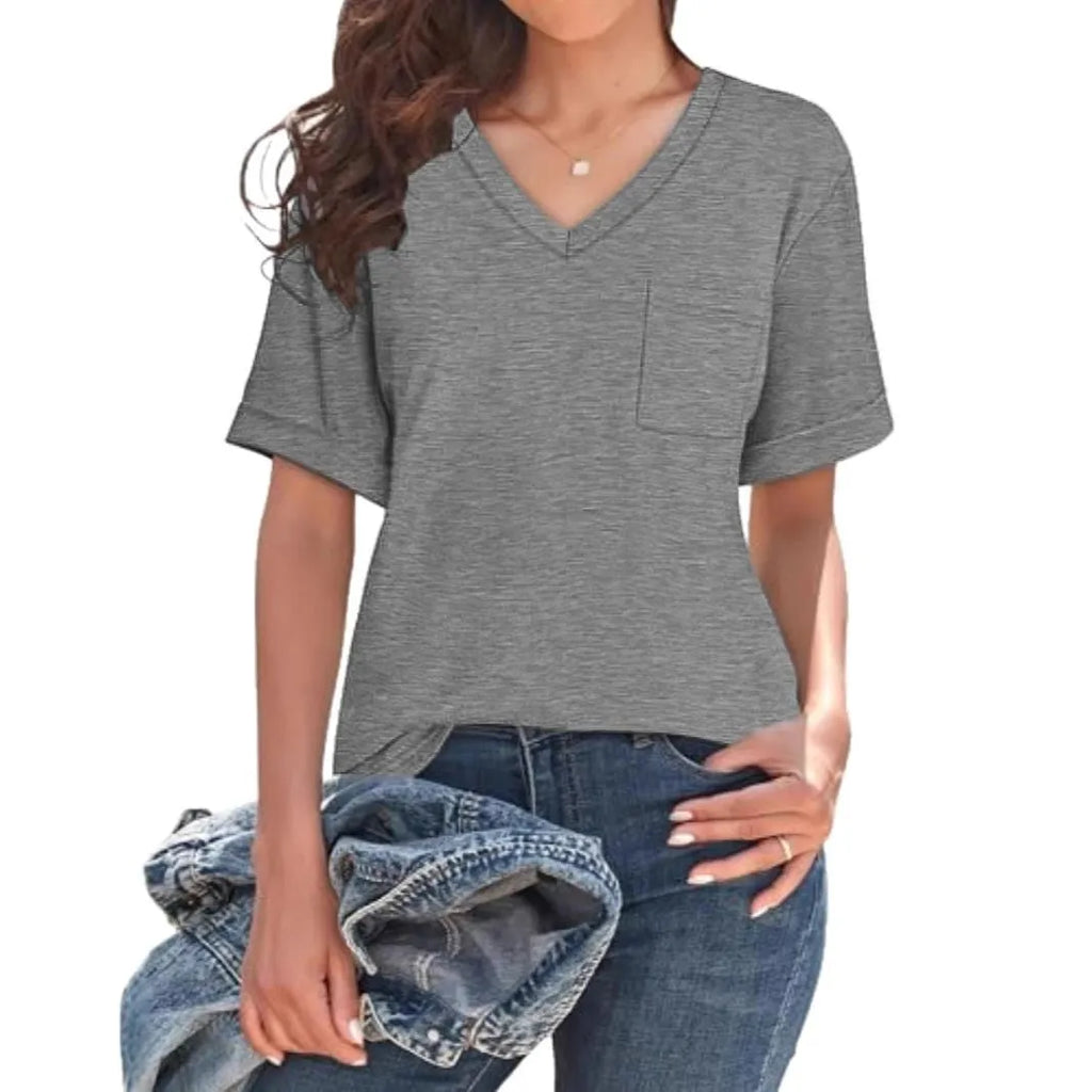 Grey loose fit V-neck T-shirt with front chest pocket, short sleeves, Japanese Korean casual style