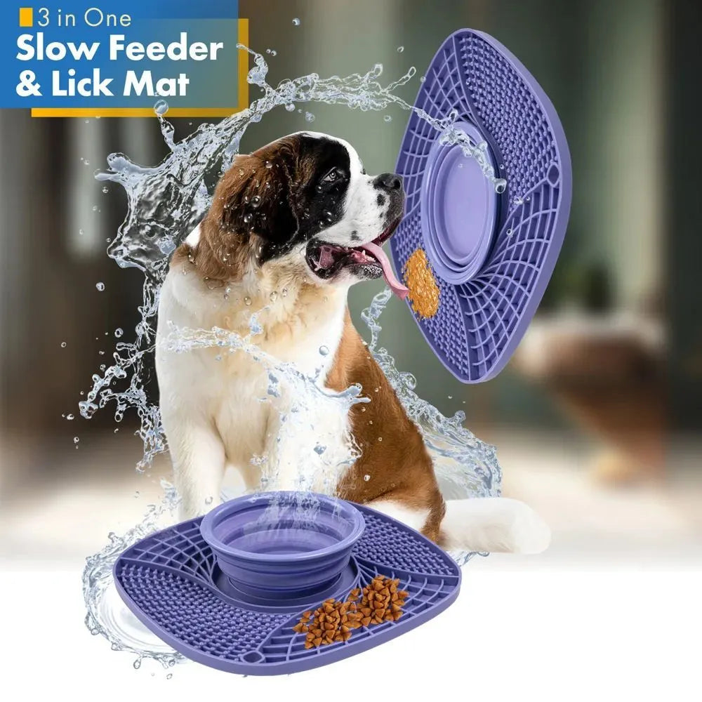 Slow feeder dog bowl with non-slip base, anti-gulping puzzle design, in blue dark green green orange pink purple.