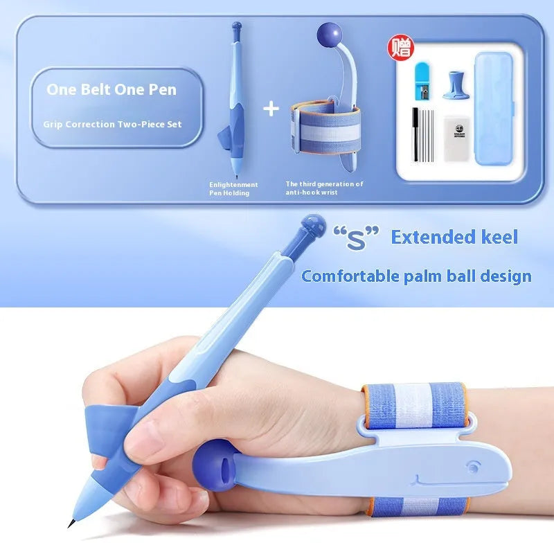 Blue and pink anti-hook pen holder corrector for writing posture training
