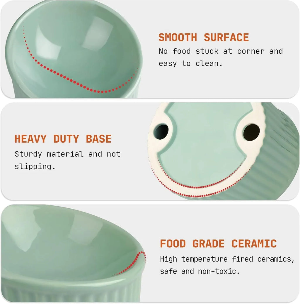 Elevated ceramic cat bowl in green, shown at a tilted angle to highlight its raised base and round feeding dish.