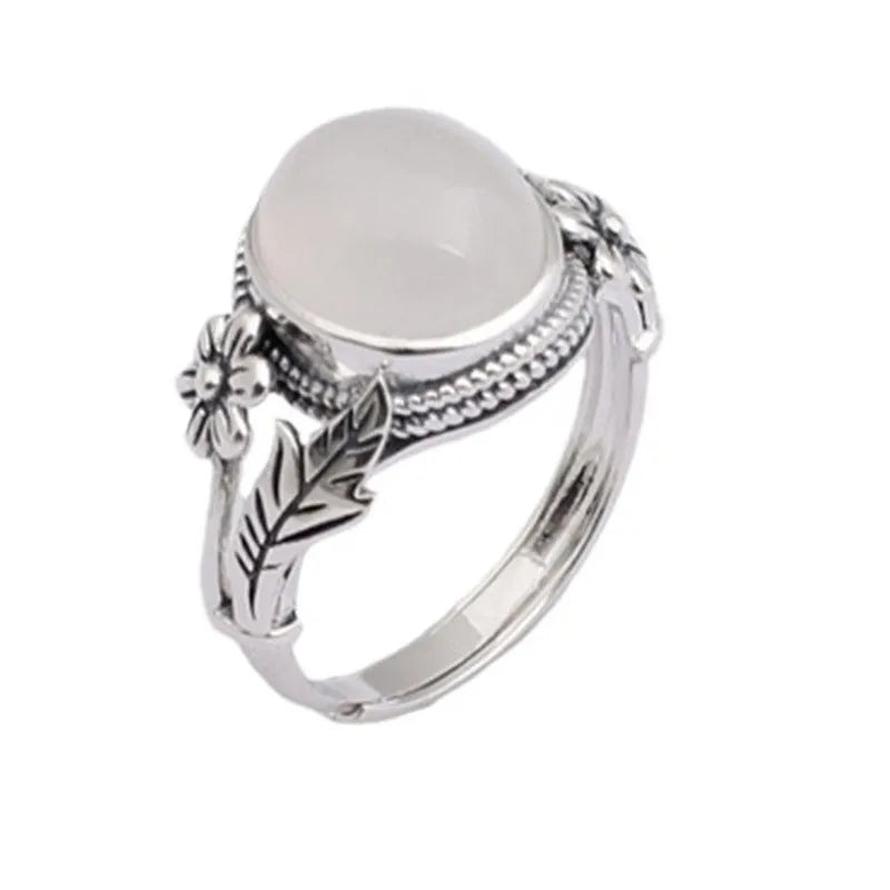 White chalcedony vintage ring with adjustable opening and antique copper finish