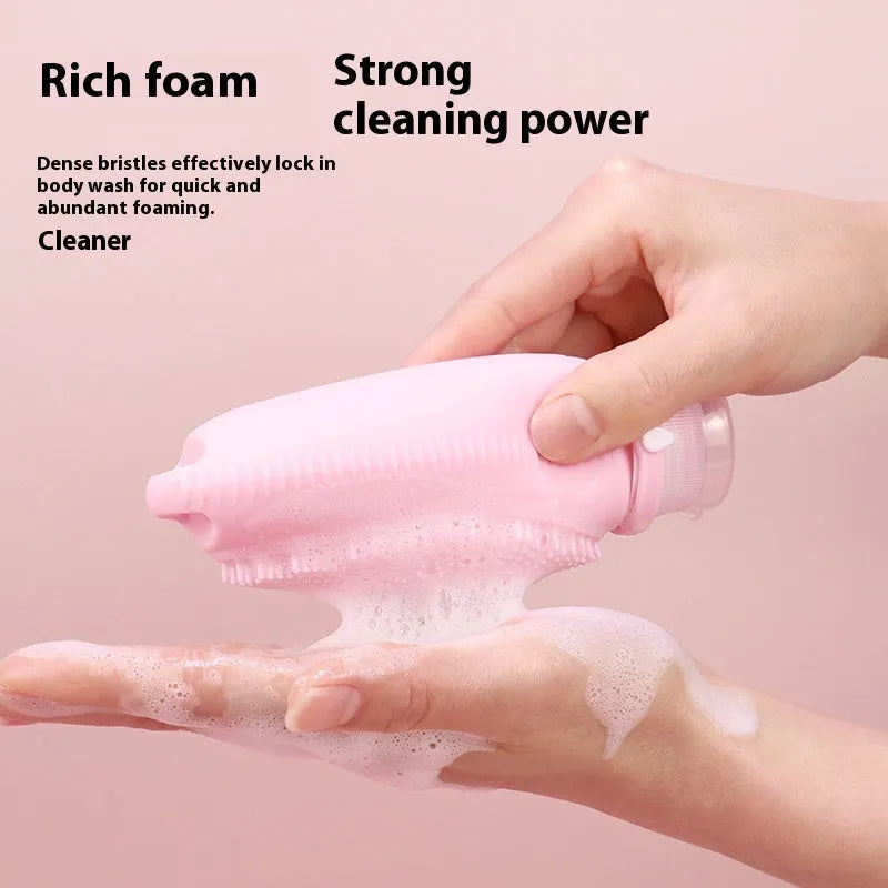 Silicone bath brush storage bottle in various colours on a bathroom shelf