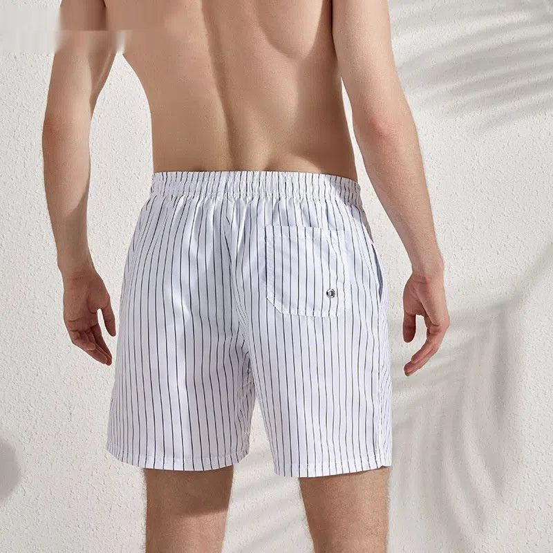 Men's white striped quick-drying beach pants with lining, loose plus size, sizes M to XXXL