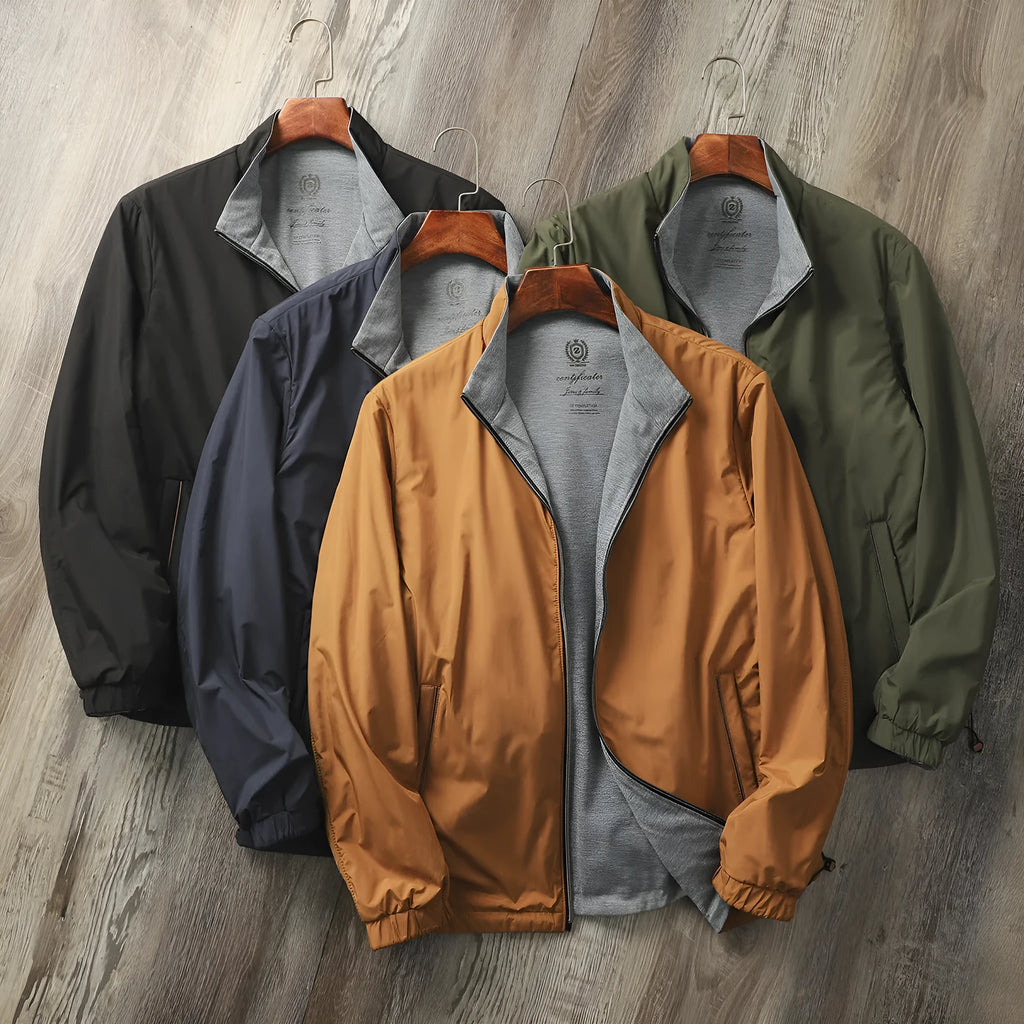 Men's plain stand collar jacket in a polyester cotton blend fabric, shown in blue.