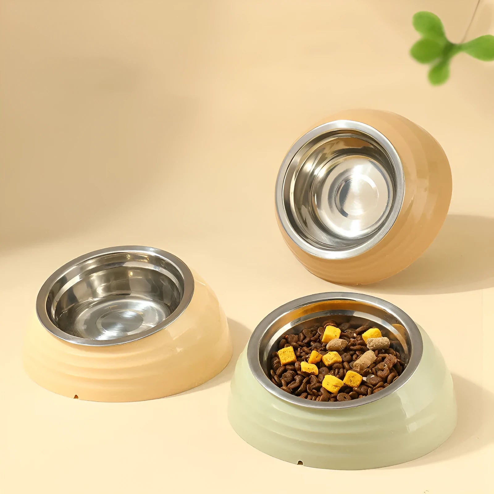 Stainless steel cat bowl plastic pet tableware in light green beige brown colour options