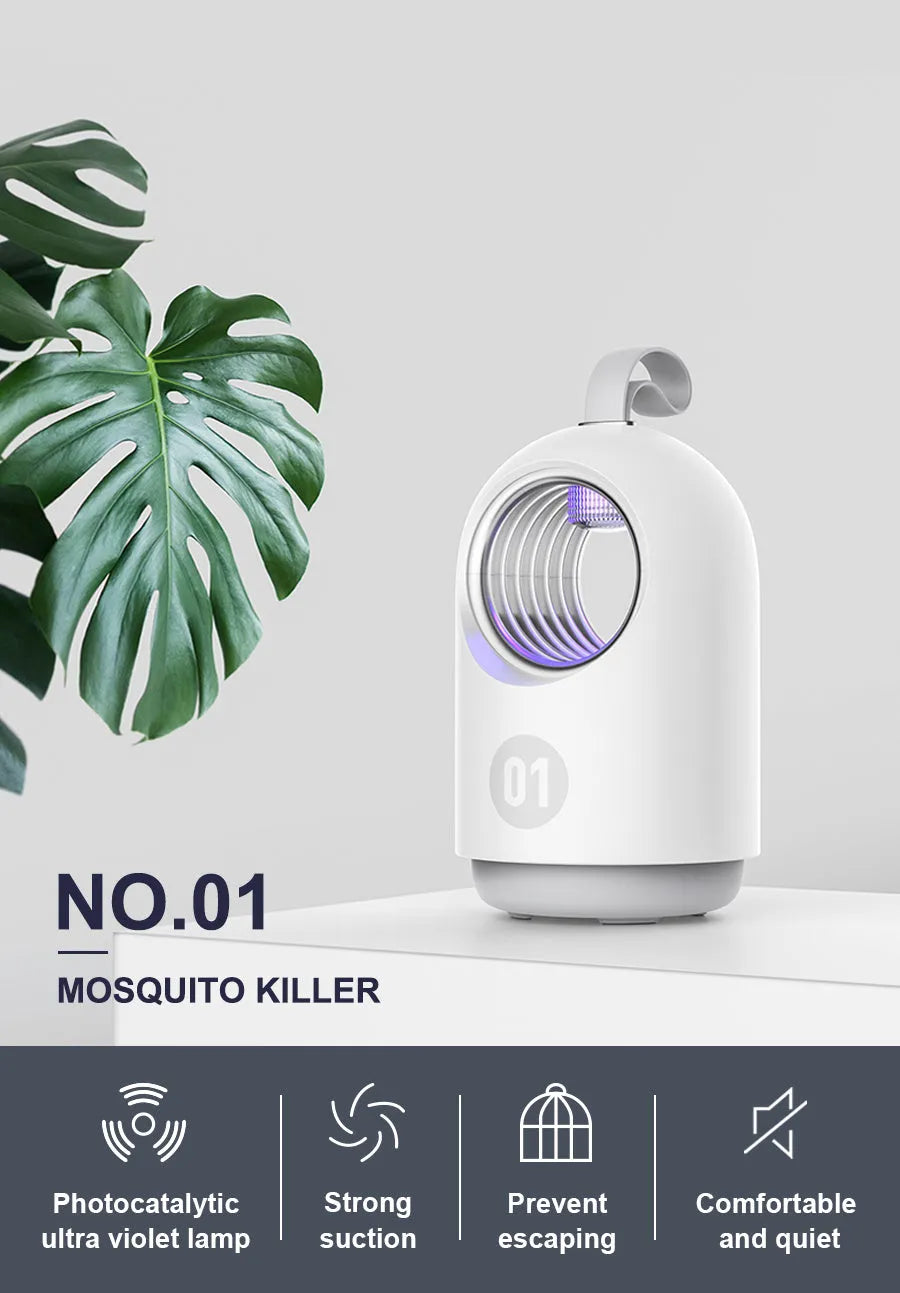 White and blue household mosquito killer lamp with UV light, silicone handle, and USB cable.