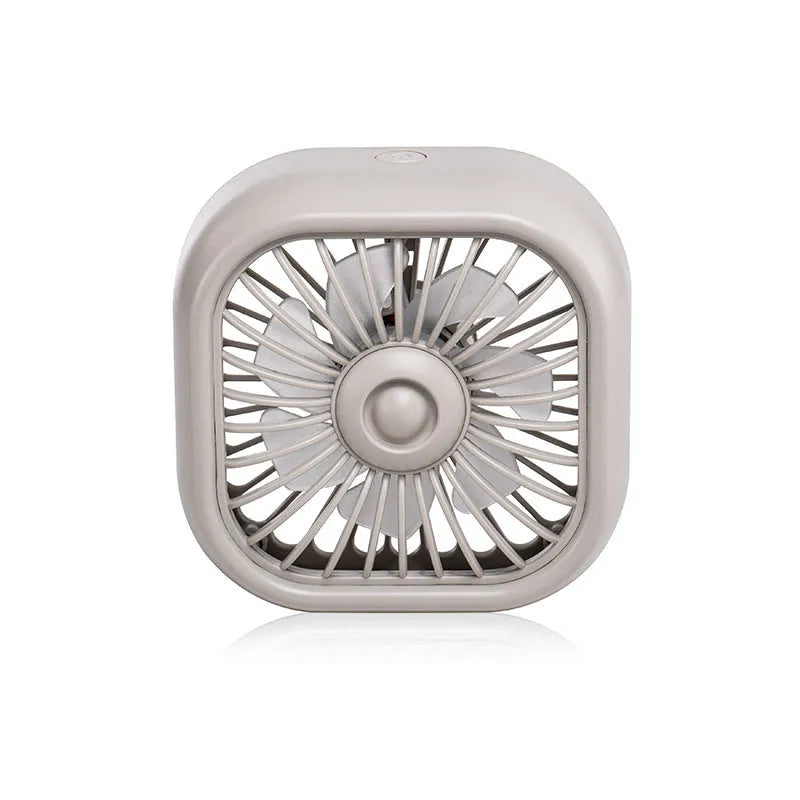 USB car fan with three-speed controls and charging cable for vehicle dashboard use