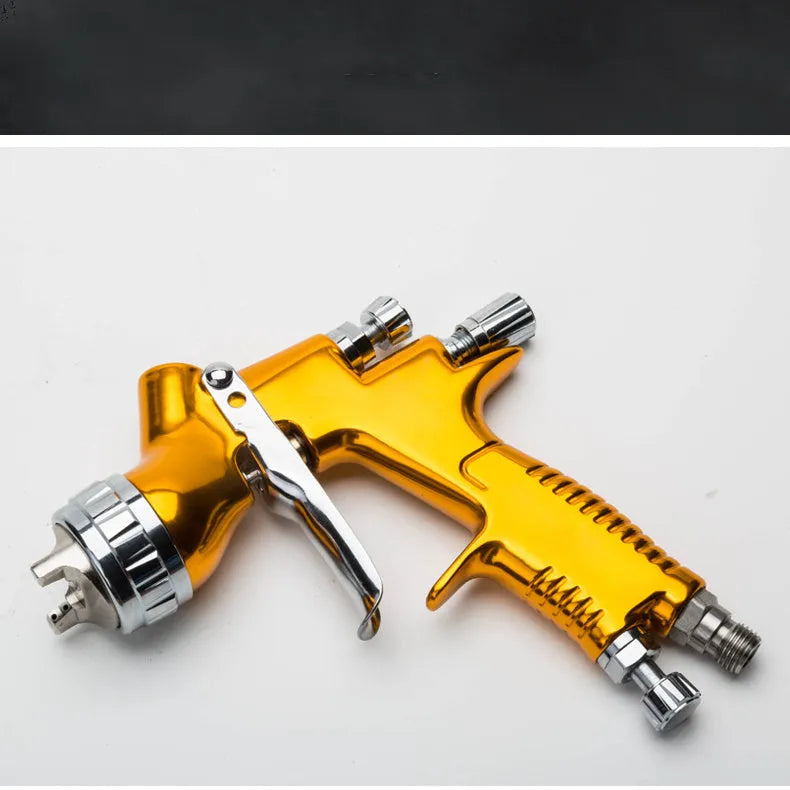 HVLP gravity feed paint spray gun with 1.3mm nozzle, aluminium alloy body and 600cc plastic pot in gold