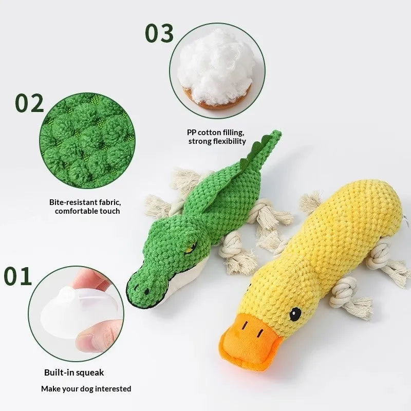 PVC chewing and teeth-cleaning plush pet toy with sound, available in crocodile, donkey, hippo and yellow duck styles