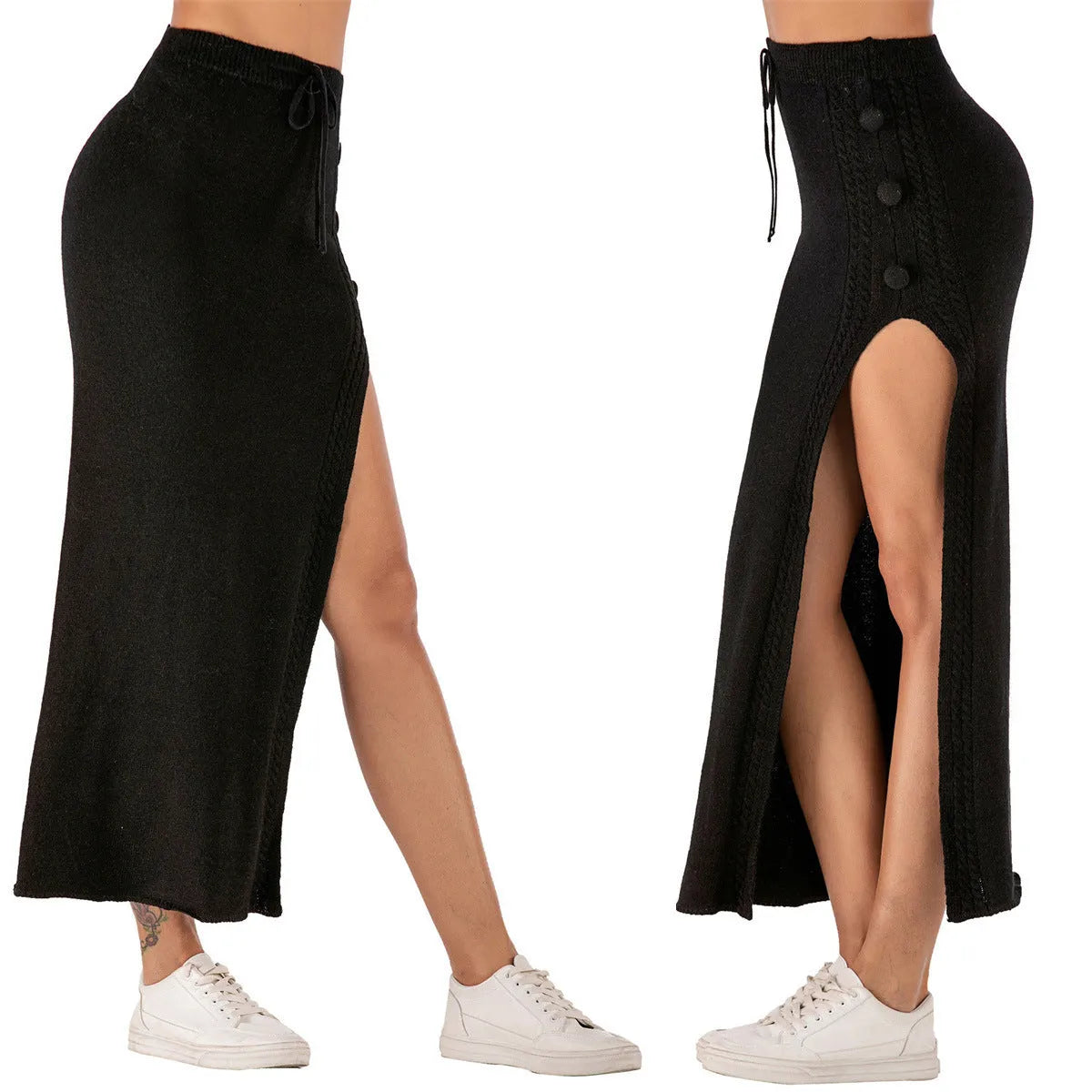 A tight-fitting mid-length acrylic skirt in black, featuring a slit and offering a body-conscious silhouette.