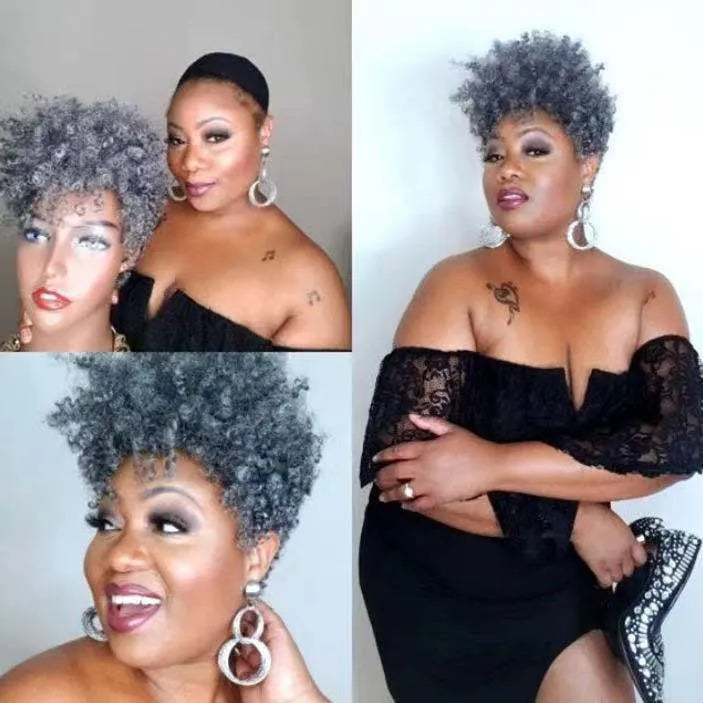 Women's short synthetic wig with simple rolls style in Kanekalon fibre showing exotic decorative look