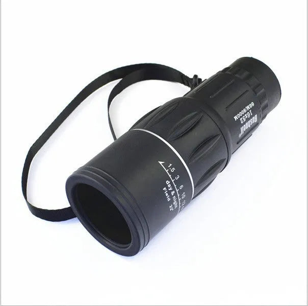 Black 16x52 high-power monocular with roof prism system, shown at 145mm length.