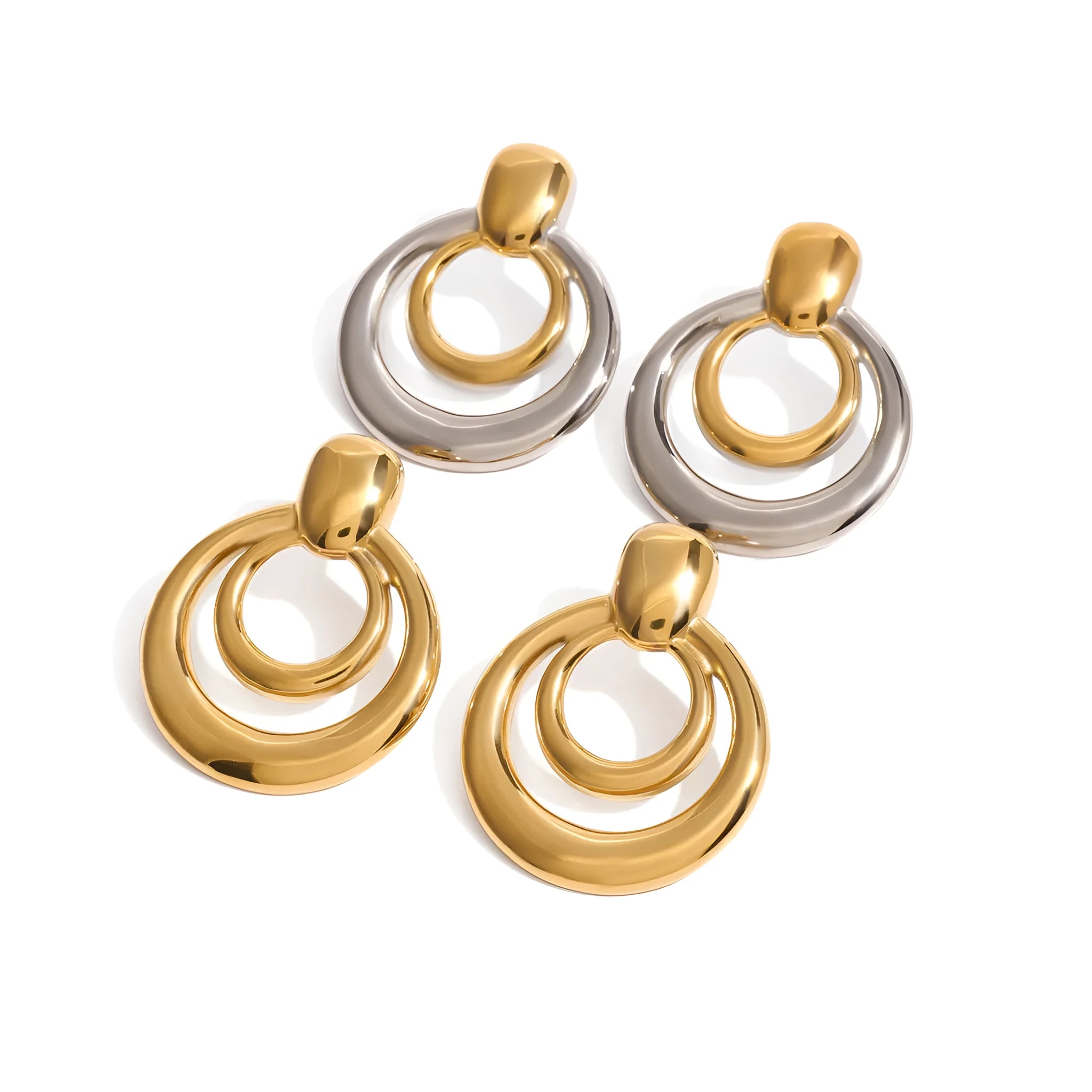 Golden round geometric stud earrings with double layer hollow design on titanium steel