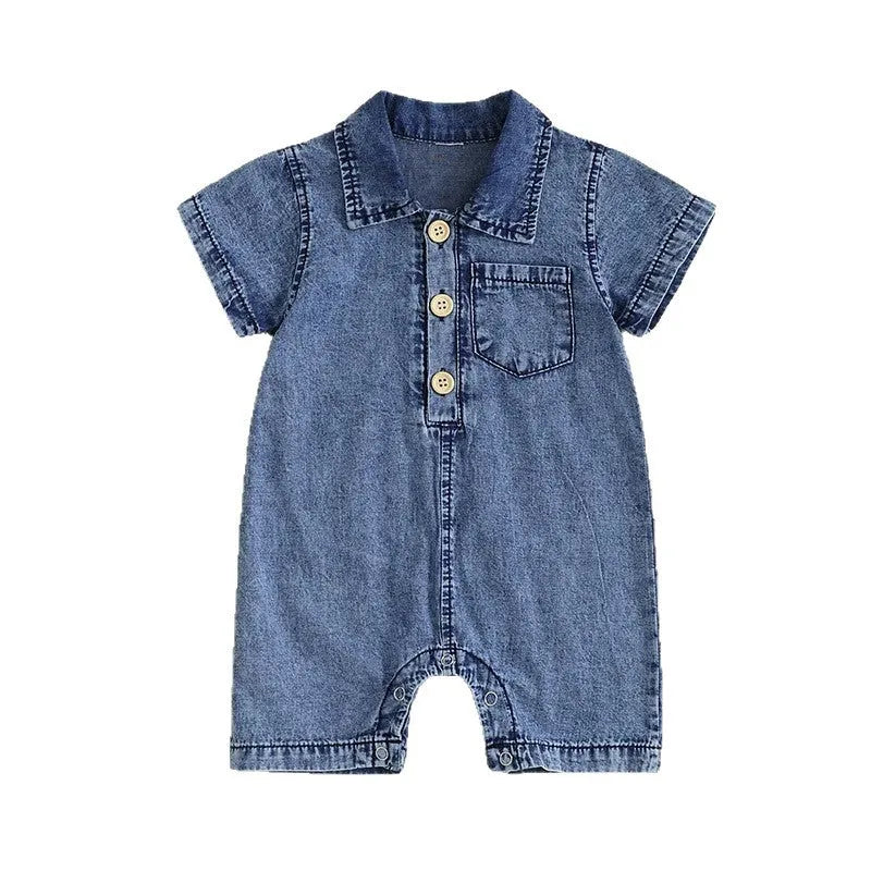 Boys blue cotton short sleeve one-piece romper for summer, western style, sizes 0-3M to 12-18M