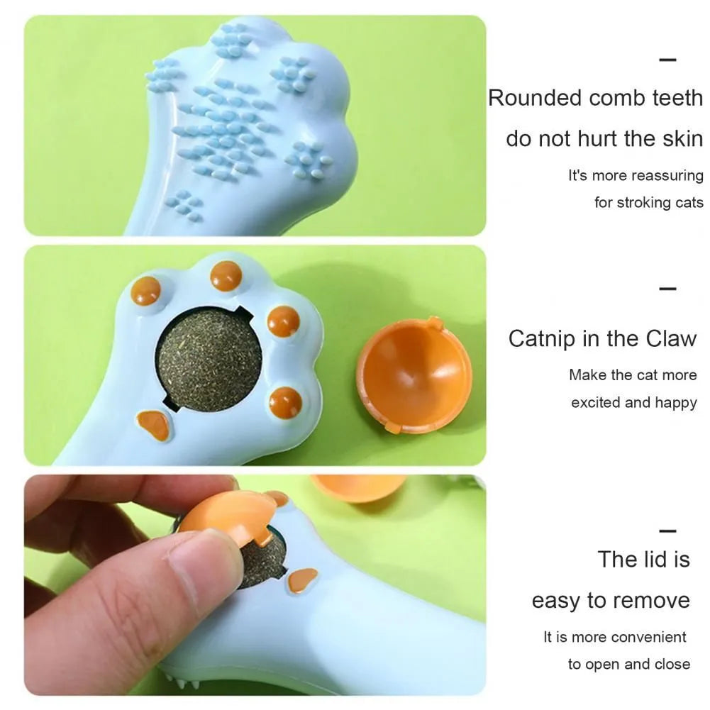 Cartoon-style dual-purpose cat toy showing massage comb attached to a catnip compartment with a dust-proof cover