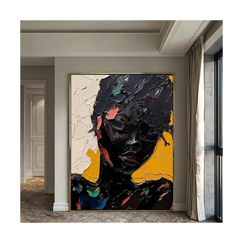 Hand-painted oil painting on canvas of an African woman in abstract graffiti street art style, vertical one-panel wall art.