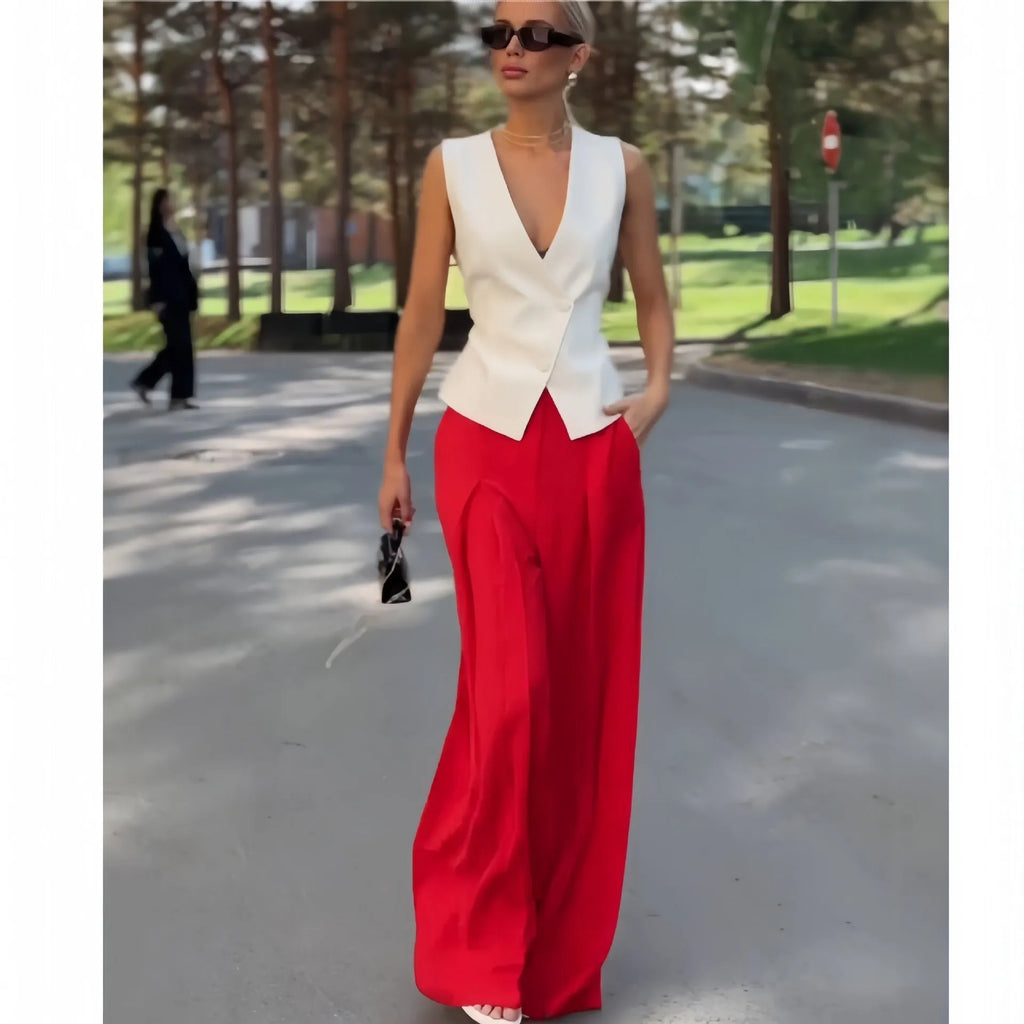Women's beige polyester two-piece set with sleeveless deep V-neck top and wide-leg trousers