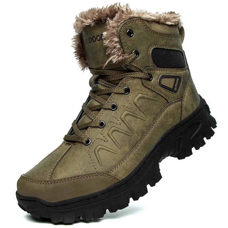 Men's plus size high top outdoor cotton shoes in black, cold-resistant cowhide upper, rubber sole, sizes 40-48