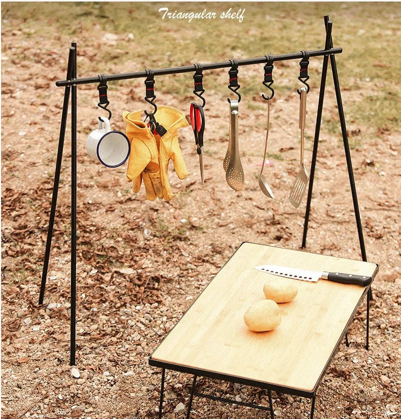 Large foldable aluminium alloy triangle frame camping drying rack with multiple hooks, shown with optional side hanger and top tray.