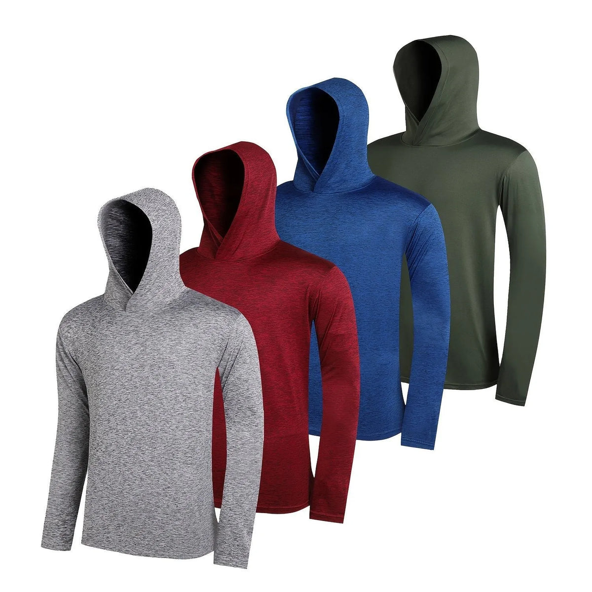 Four men's lightweight hoodies in elastic polyester fibre showing five colour options and size range S to XXXL