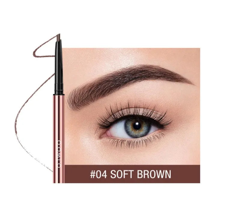 A brow make-up pencil in a colour box, showing six available shades like Auburn, Blonde, Caramel, and Taupe.