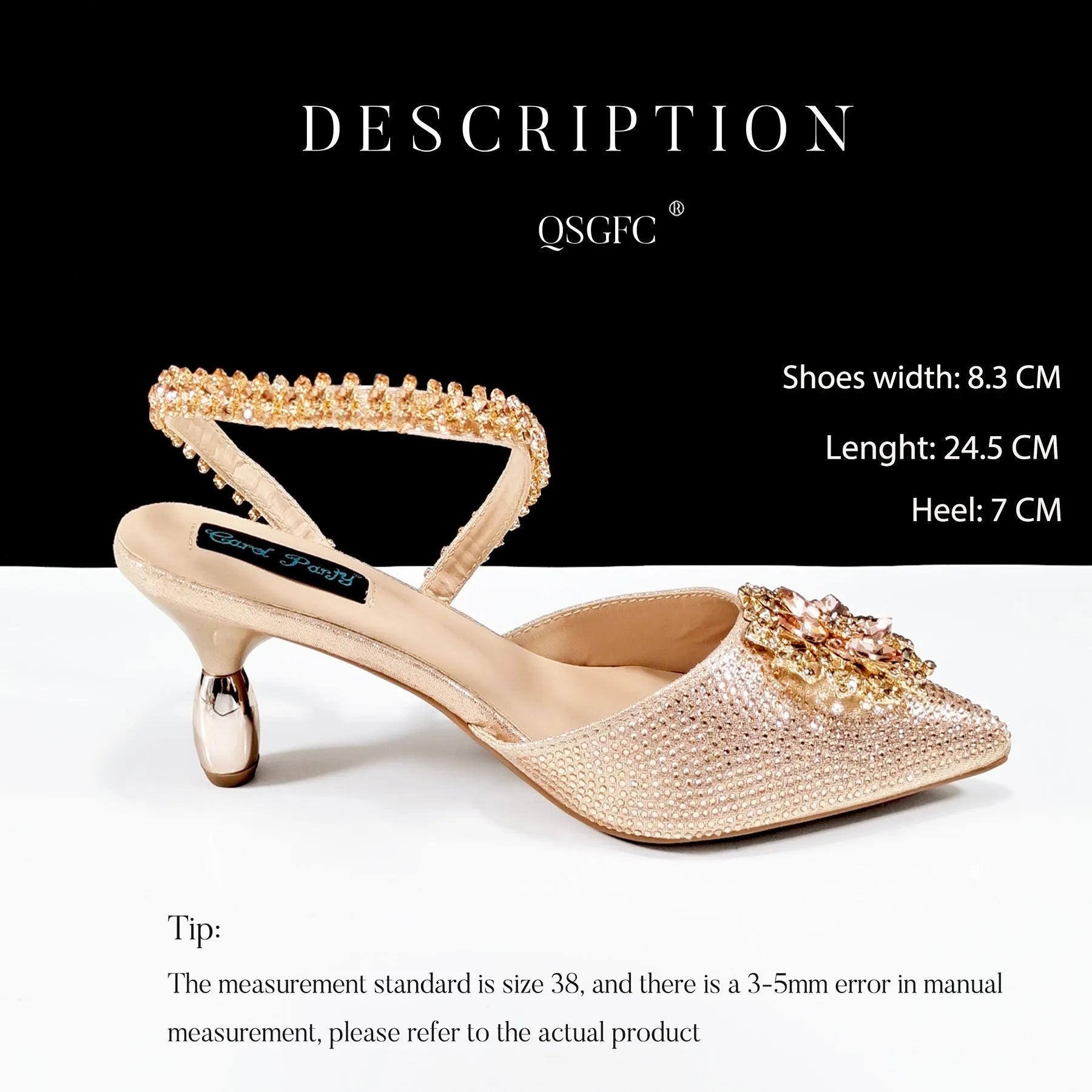 Women's black high heel ankle-strap sandals with floral buckle and chain detail next to matching clutch bag