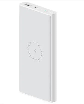 White and black 10000mAh portable power bank with USB-C and USB-A ports for fast and wireless charging.