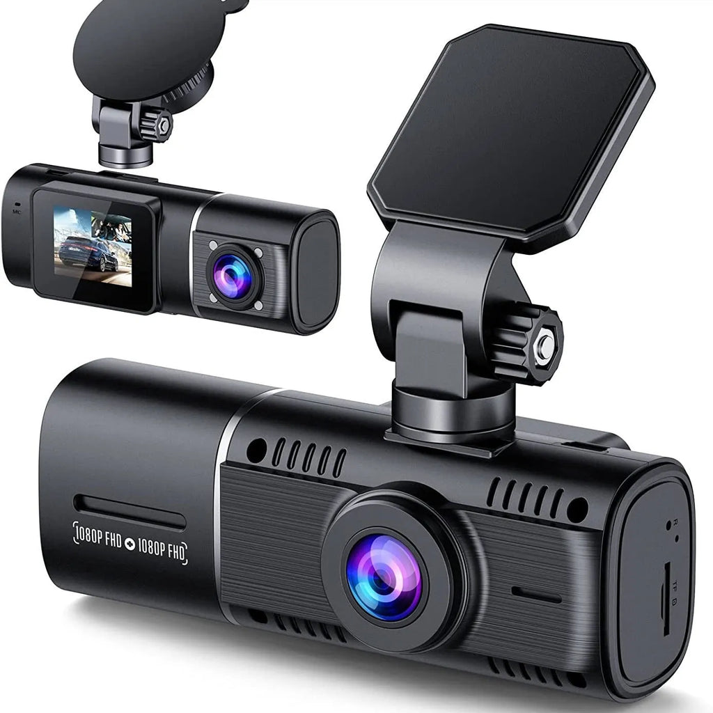 Standard black dual-channel dash camera with 1.5-inch screen on car windscreen.
