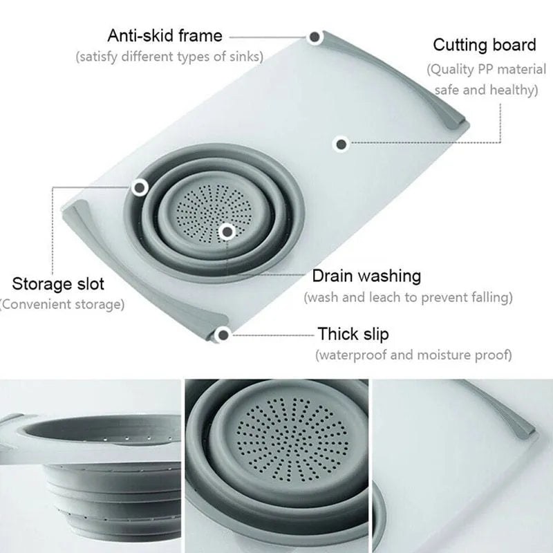 Grey 3 in 1 chopping board with detachable drain basket, 50cm x 28.5cm, PP and TPR, 1cm thick