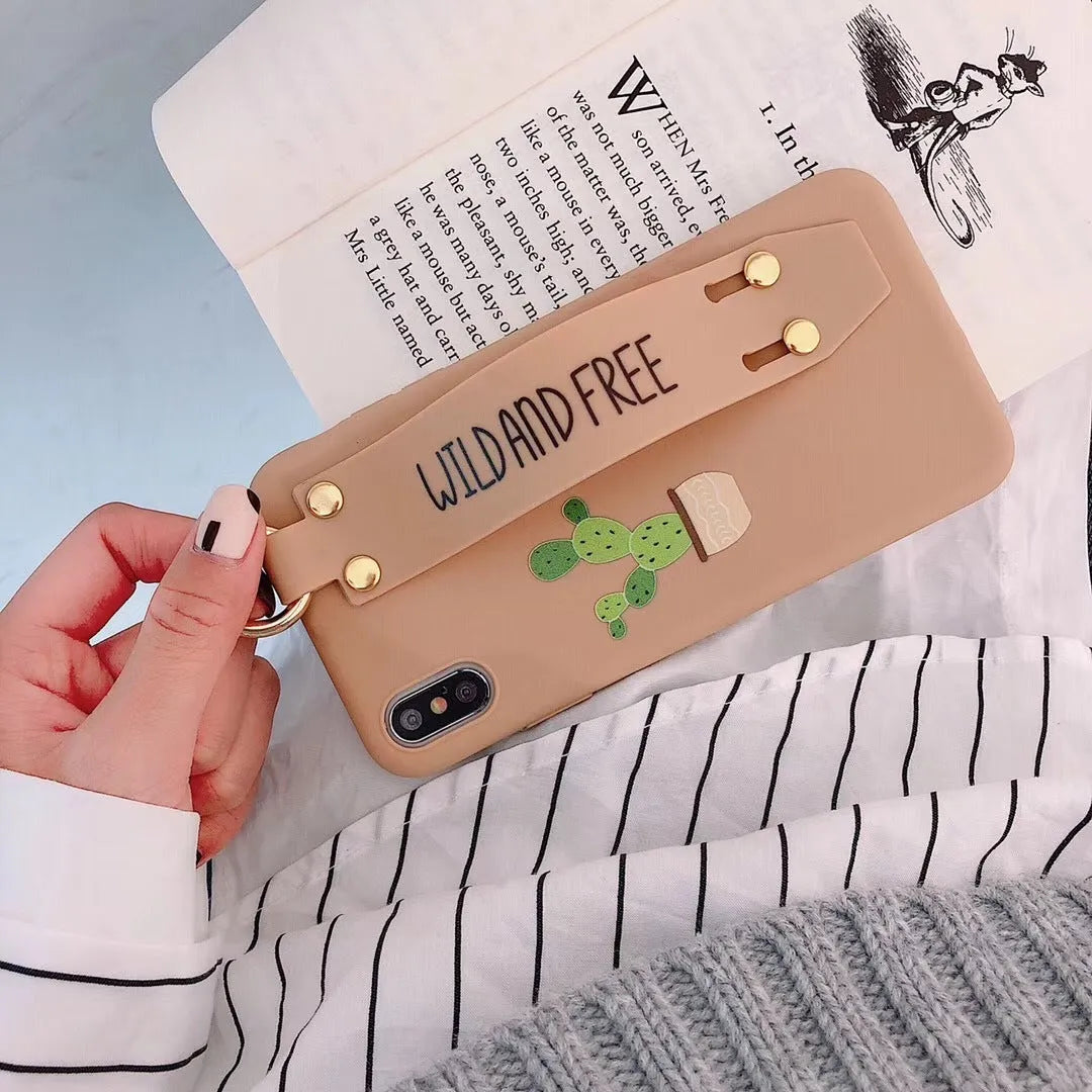 Green graffiti pattern wristband holder phone case for iPhone with integrated strap loop