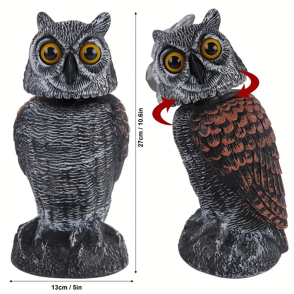 PE plastic artificial owl decoy ornament for scaring birds outdoors, shown in packaging.