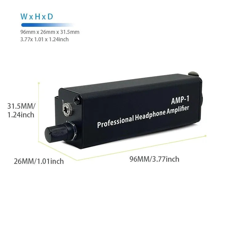 XLR headphone volume adjustment converter, AMP1 model, 9.6 × 2.6 × 3.15 cm, with adapter and manual