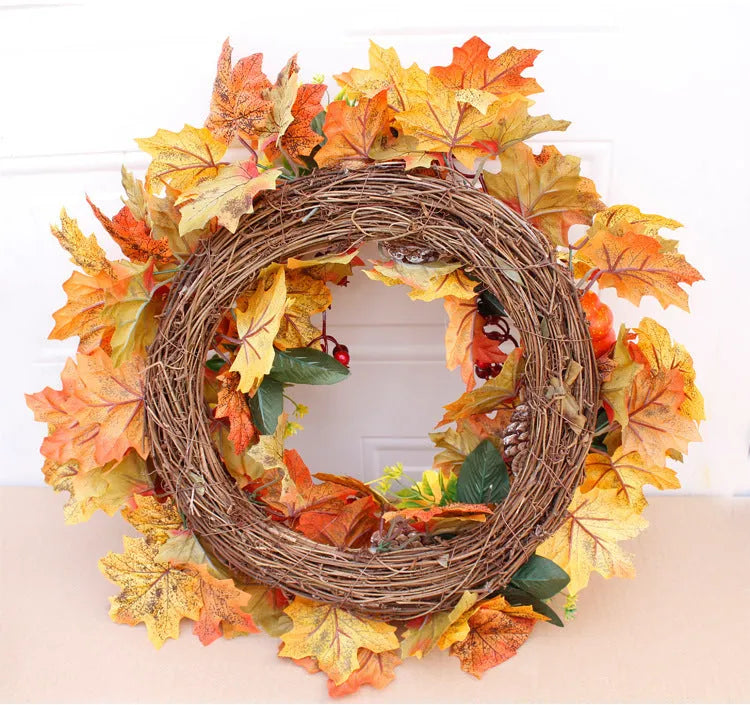 50cm autumn pumpkin wreath with fabric leaves, simulation pumpkins, berries and pine cones on a natural vine ring
