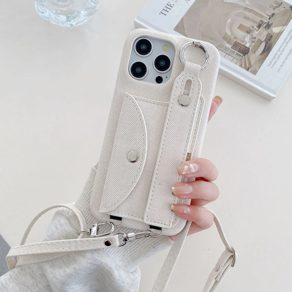 Denim pattern feilin phone case with wrist strap and crossbody bag for iPhone, in blue or white.