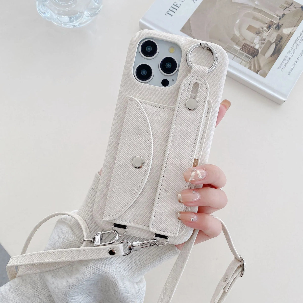 Denim pattern feilin phone case with wrist strap and crossbody bag for iPhone, in blue or white.