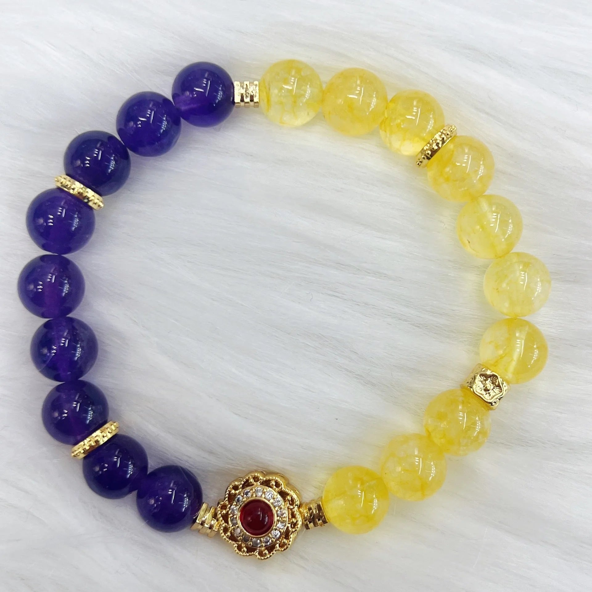 Handmade yellow and purple crystal bracelet with amethyst beads for women