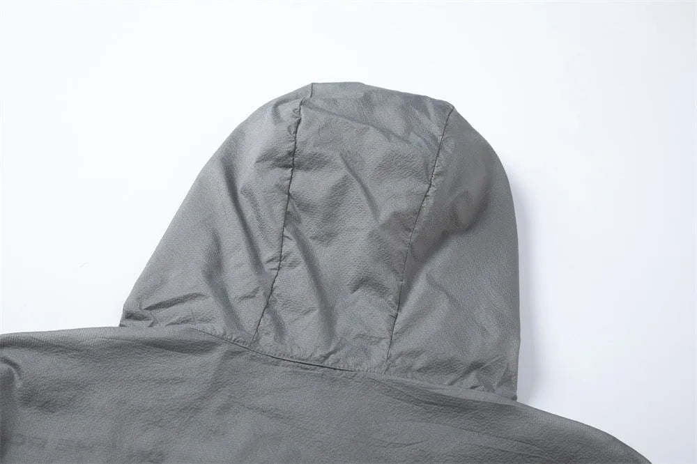 Men's gray nylon sun protection jacket with English letter print, front view, leisure outdoor wear