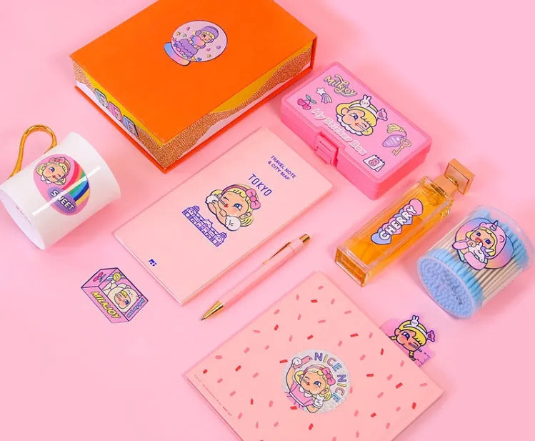 Cute cartoon girl sticker set with 16 square PVC stickers and a storage box, Korean ins style for DIY decoration