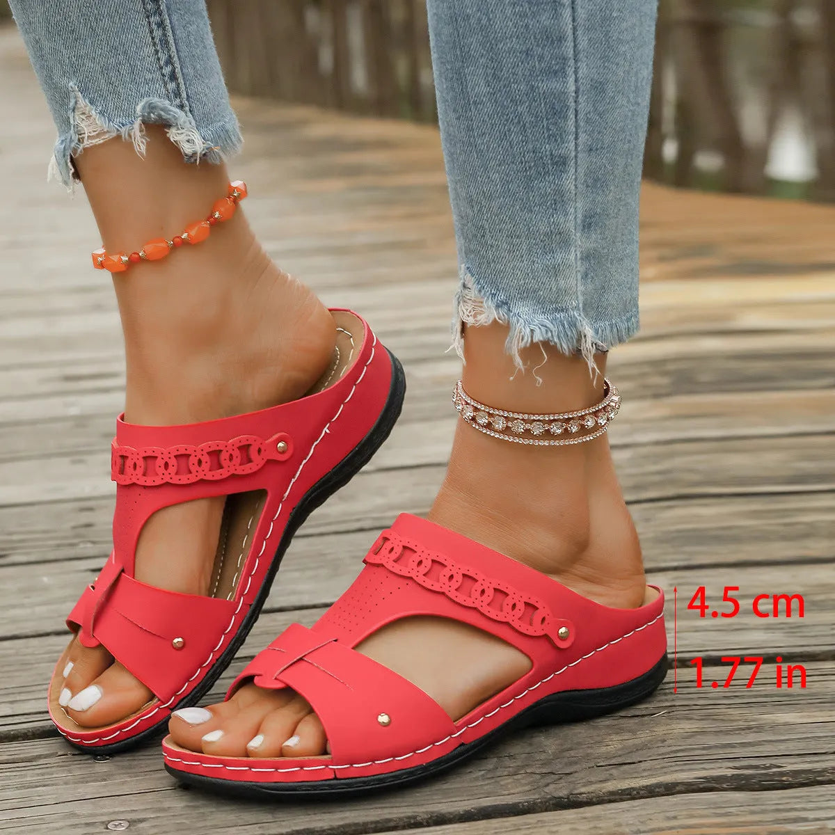 Slope heel Roman sandal slippers with fish mouth toe in blue, showing PU upper and rubber sole.