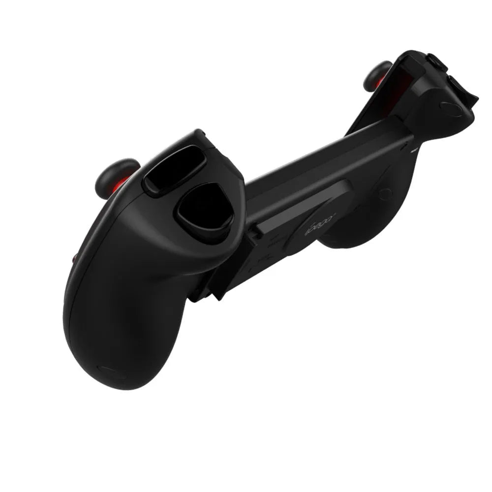 Red telescopic Bluetooth gamepad controller extended with a phone clipped in the centre.