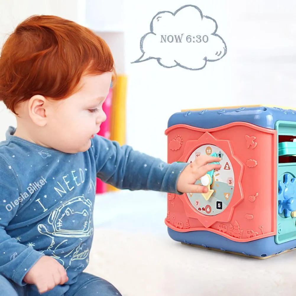Colourful ABS plastic baby educational cube with bead maze, gears, and shape sorting games on each side.