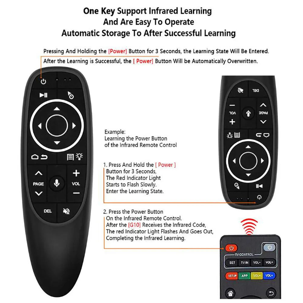 G10 G10S voice remote control with black plastic shell and silicone buttons for Android TV