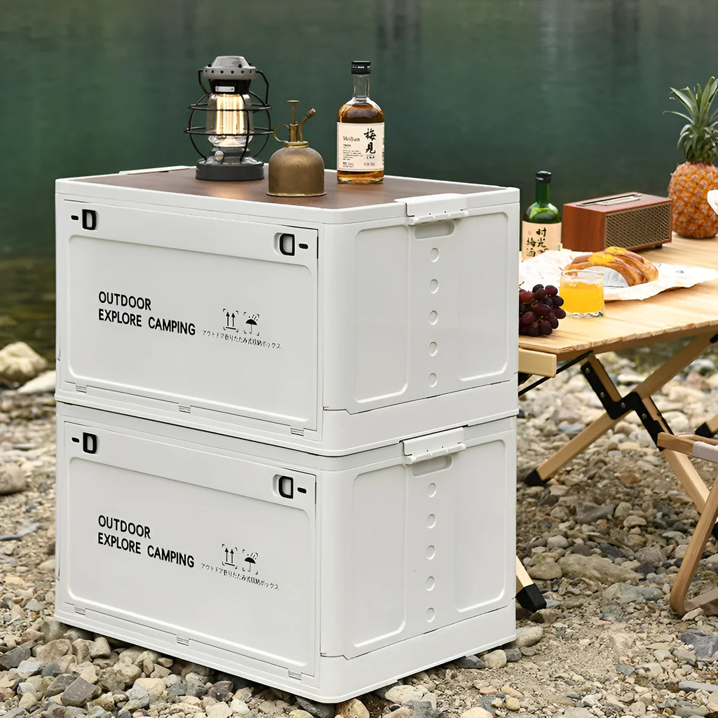 Green plastic storage box with wooden lid showing foldable design for household organisation