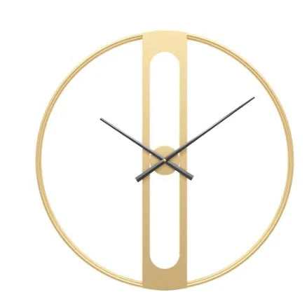 Round metal wall clock showing black and gold colour options, 50cm in diameter.